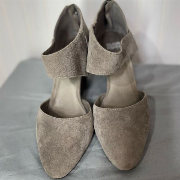 Eileen Fisher Suede Ankle Strap Block Heel Pumps Taupe Gray Size 7 Vero Cuoio - Picture 2 of 8